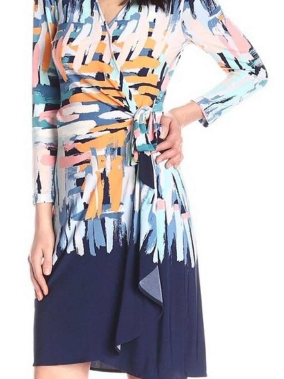 BCBGMaxAzria Navy Wrap Dress with Pastel Brushstroke Print